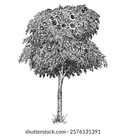 Hand draw sketch decorative tree in monochrome color. Vector illustration garden plant isolated on white background.