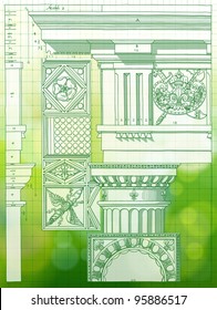 Hand draw sketch doric architectural order & green bokeh background
