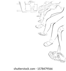 Hand Draw Sketch Feet of queue sitting people at indoor customer service
