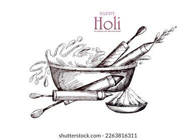 Hand draw sketch happy holi indian spring festival of colors card design