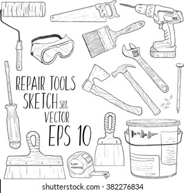 Hand draw sketch house remodel tools vector set.