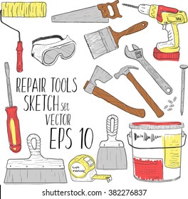 Hand draw sketch house remodel tools vector set.