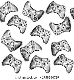 Hand draw sketch  illustration with a joystick for playing on a white background seamless pattern