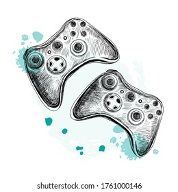 Hand draw sketch  illustration with a joystick for playing on a white background