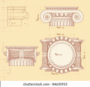 Hand draw sketch ionic architectural order based "The Five Orders of Architecture" is a book on architecture by Giacomo Barozzi da Vignola from 1593. Vector illustration.