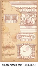 Hand draw sketch ionic architectural order based "The Five Orders of Architecture" is a book on architecture by Giacomo Barozzi da Vignola from 1593. Vector illustration.