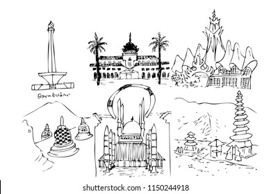 hand draw sketch landmark and iconic indonesia