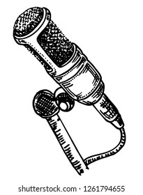Hand draw sketch of microphone. Sound recording equipment - stage microphone. Isolated. Sketch style design, vector illustration.
