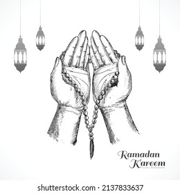 	Handgezeichnet Sketch-Mulim HandgeHand beten mit Rosary ramadan Kareem Karte Design Design