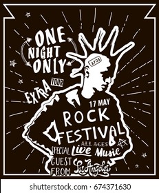 Hand draw sketch with punk for rock festival poster. Vector illustration isolated. Rock label design for t-shirts, posters, logos, greeting cards etc.
