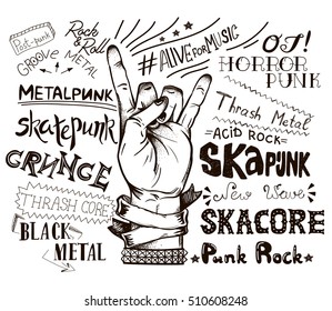 Hand draw sketch for rock festival poster with frame for your text. Rock and Roll hand sign. Vector illustration isolated. Punk label design for t-shirts, posters, logos, greeting cards etc.