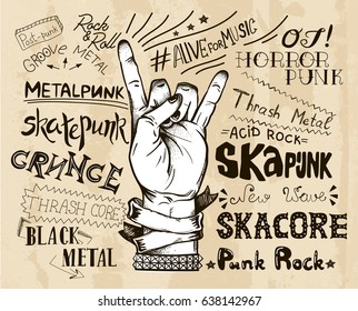 Hand draw sketch for rock festival poster with frame for your text. Rock and Roll hand sign. Vector illustration isolated. Punk label design for t-shirts, posters, logos, greeting cards etc.

