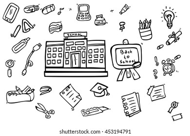 Hand Draw Sketch of School or education stuff and building
