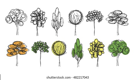Hand draw sketch set of different types of trees. Simple linear tree design. Cute forest drawing. Line tree.