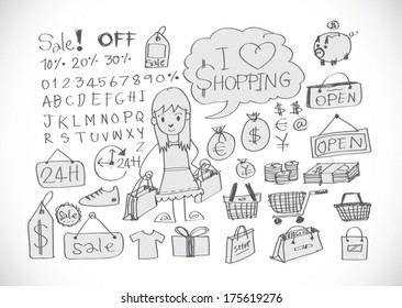 Hand draw sketch Shopping icons set
