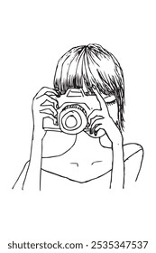 hand draw sketch simple vector, woman take a photo using analogue pocket camera
