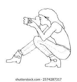 hand draw sketch simple vector, woman take a photo using DSLR 