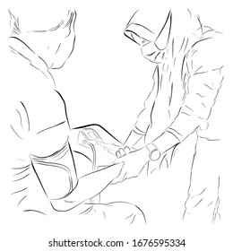 Händezeichnen Sie Skizze, sitzender Mann, der eine medizinische Untersuchung durchführt, durch Verwendung von Hijab und Maske Ständige Krankenschwester

