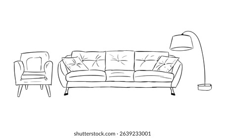Hand draw sketch of sofa set. black line sketch sofa, chair and lamp. hand drawn sketch in vector