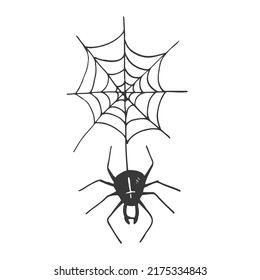 Hand Draw sketch, spider and web. Halloween concept. Vector illustration