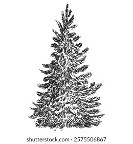 Hand draw sketch spruce tree in monochrome color. Vector illustration garden plant isolated on white background.