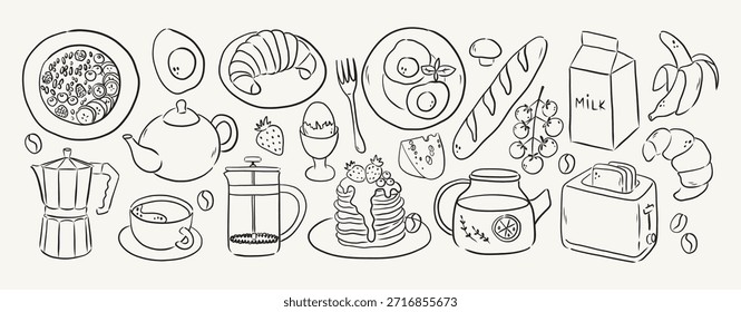 Dibujar a mano Elementos de desayuno estilo boceto. 