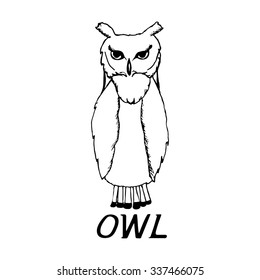hand draw a sketch in the style of an owl on a black white background, used for banners, flyers, coloring books, tattoo