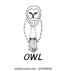 hand draw a sketch in the style of an owl on a black white background, used for banners, flyers, coloring books, tattoo