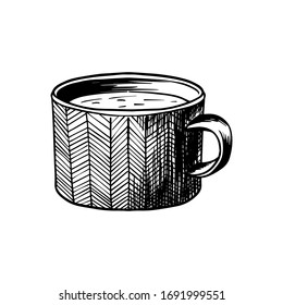 Hand draw sketch tea or coffee cup. Clay pottery ceramic with doodle line.