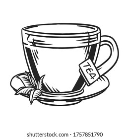 Hand draw sketch tea with green leaf