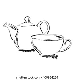 Hand draw sketch teapot and tea cup vector illustration