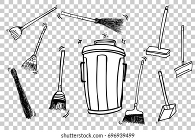 Hand Draw Sketch Various model of Broom and clean trash bin, at Transparent Effect Background
