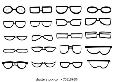 Hand Draw Sketch, Various model of Eyeglass  Isolated om White