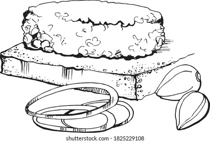 hand draw sketch vector food illustration, line art, tar-tar, dish from meat, capers, onion