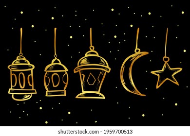 Hand Draw Sketch Vector, Golden Glamour Lantern, Star and Moon, Element Design or Template for Ramadan Kareem Greeting Card, Banner, Flyer and poster, Colorful Lantern
