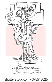 Hand draw  sketch vector illustration. Young business woman with headset  and document  working on a laptop in the office.