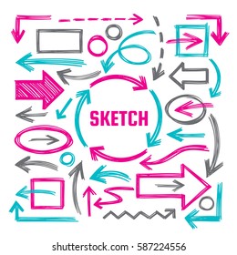 Hand draw sketch vector illustrations - creative sign set. Arrows, rectangles and ovals marker design elements. Doodles. Abstract shapes collection for business presentation. 