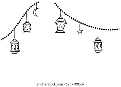 Hand Draw Sketch Vector, Lantern, Star and Moon, Element Design or Template for Ramadan Kareem Greeting Card, Banner, Flyer and poster, Colorful Lantern
