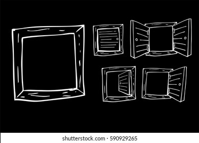 Dibujo a mano de bocetos de ventanas, en fondo negro

