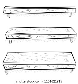 hand draw sketch wooden hanging shelf at three point of view, eye level, low and high angle
