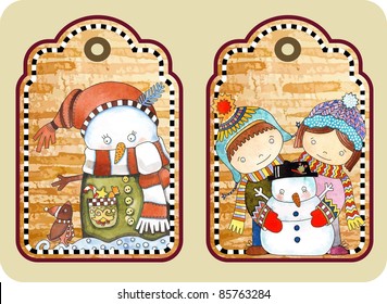 hand draw sketchy christmas tags with happy snowman