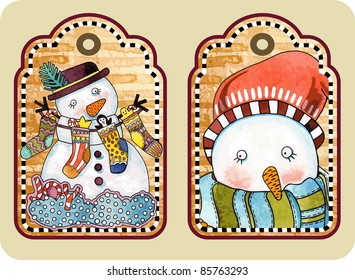 hand draw sketchy christmas tags with happy snowman