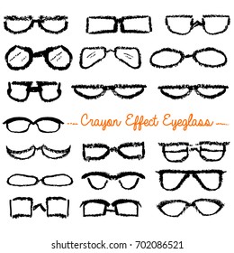 Hand Draw Sketh, Various Style of Eyeglass (Crayon Effect), Isolated on White