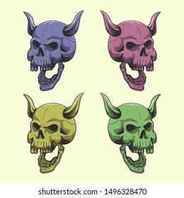 hand draw skull with color. demon skull vector
