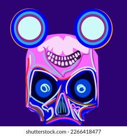 Hand draw skull head neon color with mouse ears, purple and pink color. 