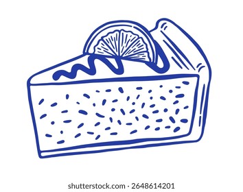 Hand draw slice of a cheesecake with lemon vector illustration. Doodle dessert cake isolated. Cafe pastry sketch style 
