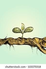 hand draw of small tree on wood, on light blue background