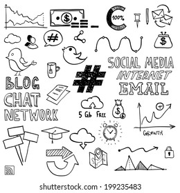 Hand draw social media sign and symbol doodles elements. Concept tweet, hashtag, internet communication