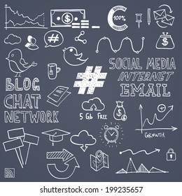 Hand draw social media sign and symbol doodles elements. Concept tweet, hashtag, internet communication