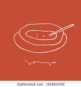 Hand draw soup bowl. Vector line art illustration with hand lettering.Cafe logo design
